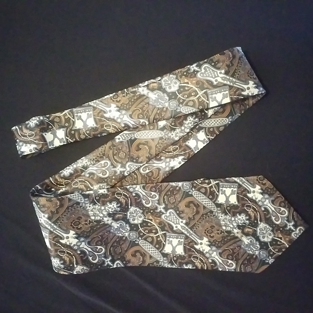 3/$45 TIE SILK MERCEDES HAND MADE Brown Cream Pattern Vintage